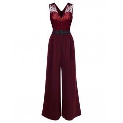 Wine Red  Polka Dot Belt Jumpsuit