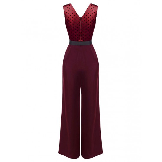 Wine Red  Polka Dot Belt Jumpsuit