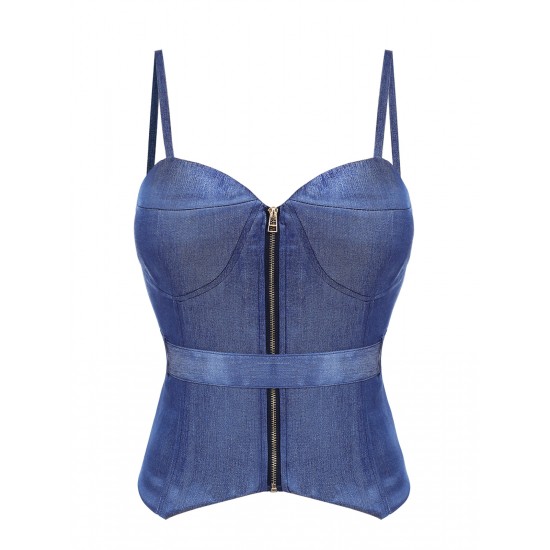 Blue  Spaghetti Strap Zipper Top With Belt