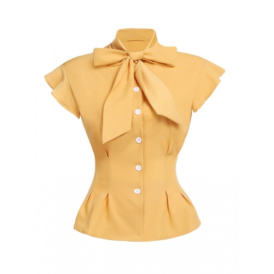 Yellow  Bow Solid Blouse Top