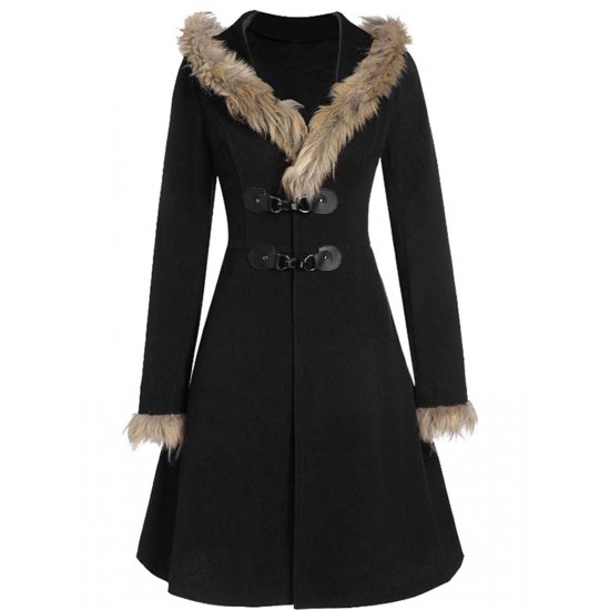  Solid Buckle Fur Trimmed Coat