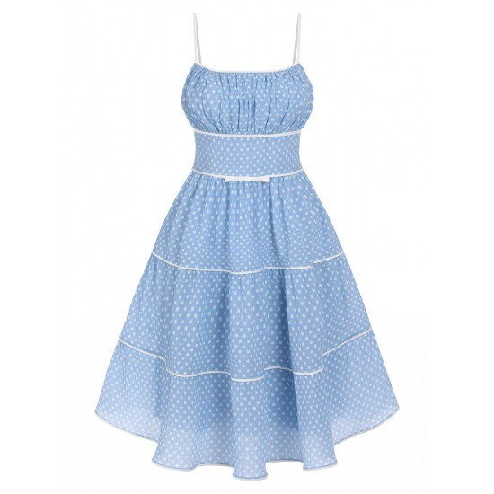 Sky Blue  Strap Polka Dot Swing Dress