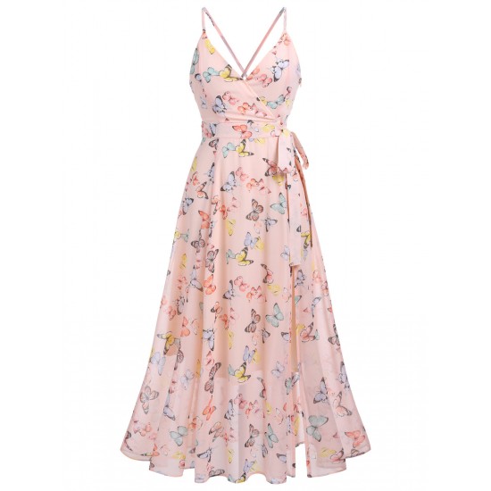 Light Pink Butterfly Strap Lace-up Vintage Dress