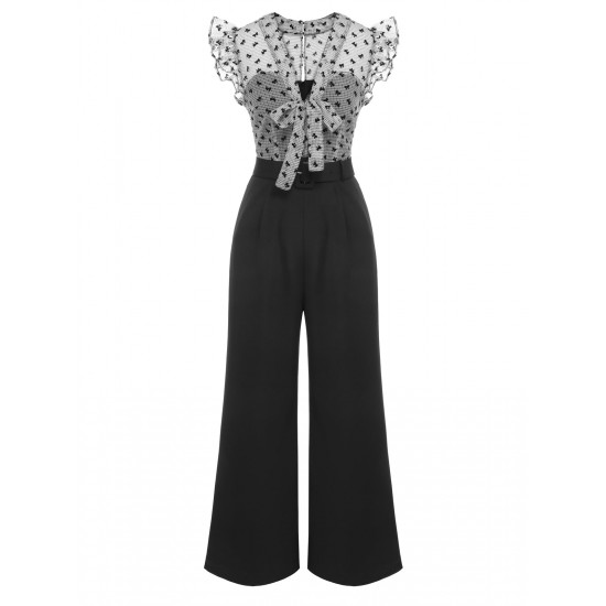 Black  Mesh Bow-knot Patchwork Jumpsuit