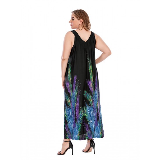 Plus Size  Bohemian Feather Print Shift Dress