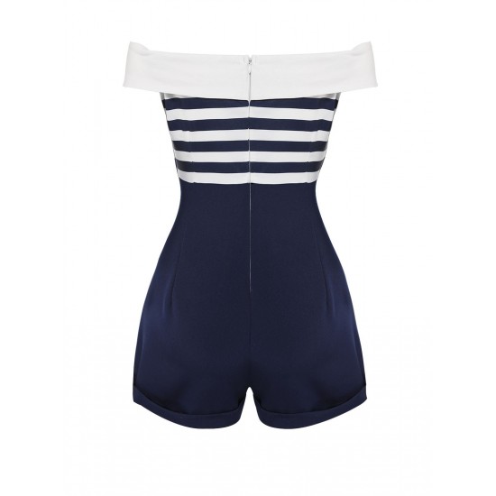 Navy Blue  Patchwork Off-shoulder Striped Romper