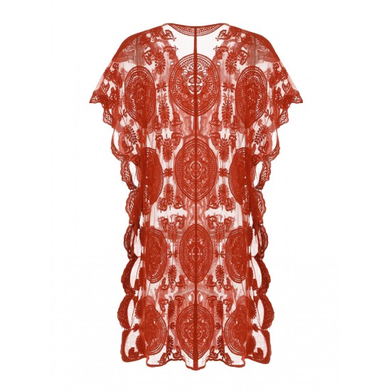 Red  Embroidery Hollow Wrap Cover-up