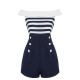 Navy Blue  Patchwork Off-shoulder Striped Romper