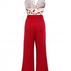 Red  Cherry Belted Halter Jumpsuit