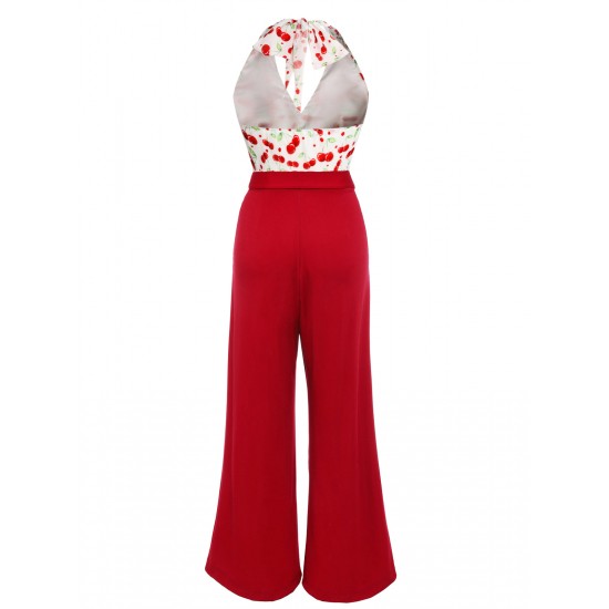 Red  Cherry Belted Halter Jumpsuit