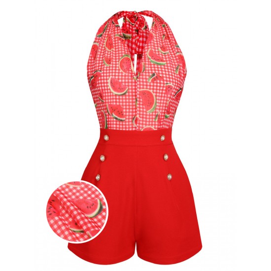 Watermelon Red  Halter Patchwork Romper