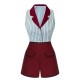 2PCS  Blue Stripes Patchwork Blouse & Red Solid Shorts