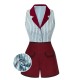 2PCS  Blue Stripes Patchwork Blouse & Red Solid Shorts