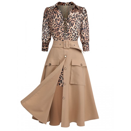 2PCS  Leopard Lapel Romper & Khaki Skirt