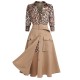 2PCS  Leopard Lapel Romper & Khaki Skirt