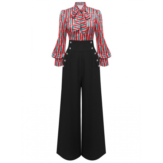 2PCS  Candy Tie-Up Blouse & Black Suspender Pants