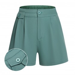 Mint Green  Solid Pleating Decorative Pocket Shorts