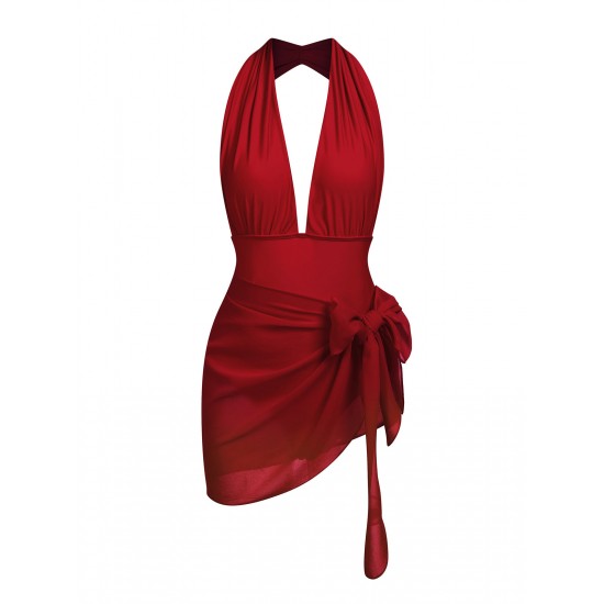 Red   Halter Solid One-piece Swimsuit