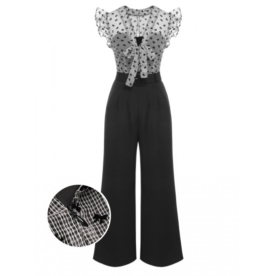 Black  Mesh Bow-knot Patchwork Jumpsuit