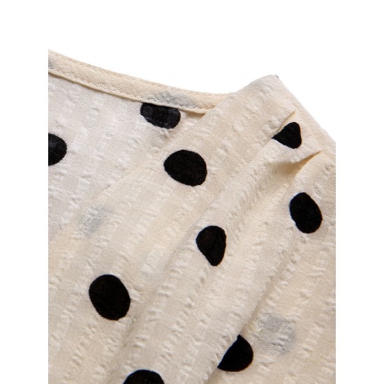 Beige  Dots Bowknot V-Neck Blouse