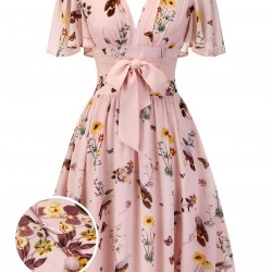 Pink Flowers And Birds Bowknot V-Neck Dress