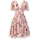 Pink Flowers And Birds Bowknot V-Neck Dress