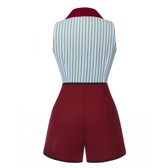 2PCS  Blue Stripes Patchwork Blouse & Red Solid Shorts