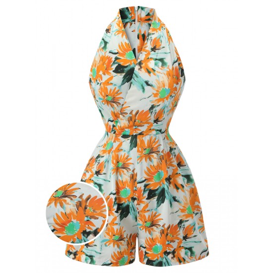 Orange  Painted Sunflower V-Neck Romper