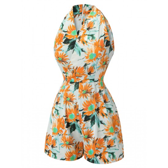 Orange  Painted Sunflower V-Neck Romper