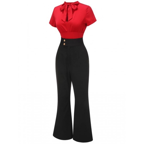 2PCS  Red Tie-Up Blouse & Black Pants