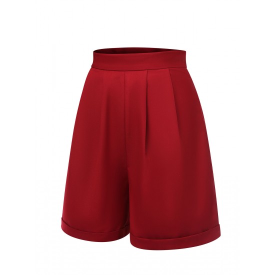 Red  Pleated Turn Over Shorts