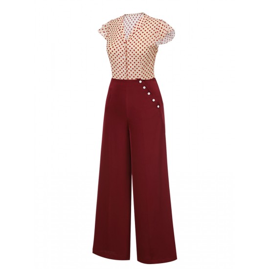 2PCS  Red Polka Dot Blouse & Burgundy Pants