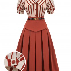 2PCS Orange Red  Striped Blouse & Pleated Skirt