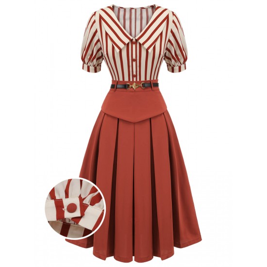 2PCS Orange Red  Striped Blouse & Pleated Skirt