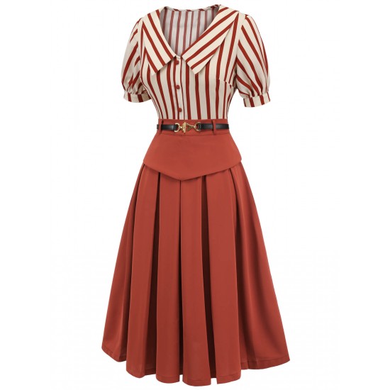 2PCS Orange Red  Striped Blouse & Pleated Skirt