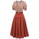 2PCS Orange Red  Striped Blouse & Pleated Skirt