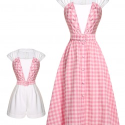 2PCS  Pink Plaid Skrit & Romper With Belt