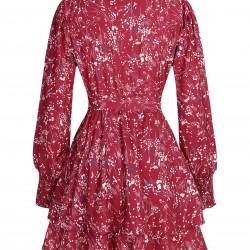 Plus Size Wine Red  Ruffles Floral Dress