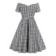 Plus Size Black&White  Off-shoulder Gingham Plaid Dress