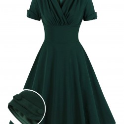 Plus Size Dark Green  V-Neck Solid Swing Dress