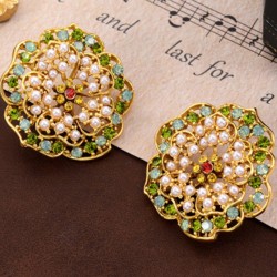 Green Rhinestone Pearl Flower Ear Studs