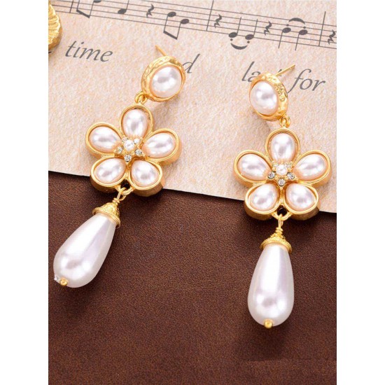 White Flower Pearl Dangle Earrings