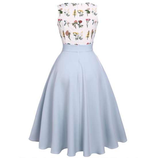 Blue  Embroidery Pockets Swing Dress