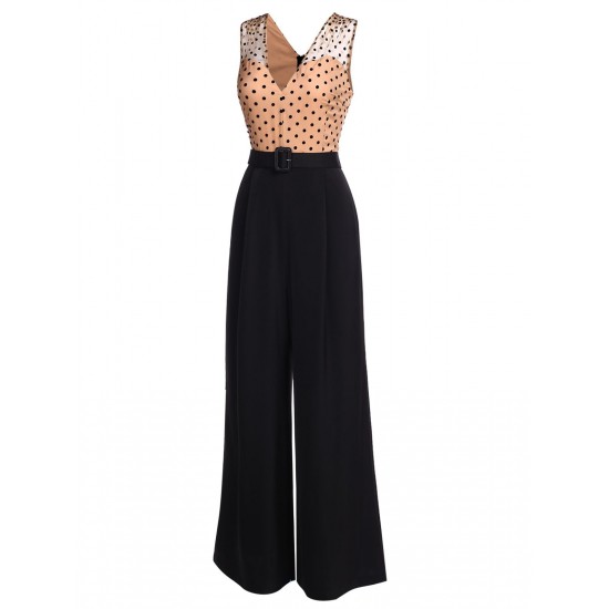 Black  Polka Dot Patchwork Belt Jumpsuit