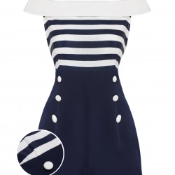 Navy Blue  Patchwork Off-shoulder Striped Romper