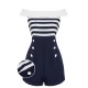 Navy Blue  Patchwork Off-shoulder Striped Romper