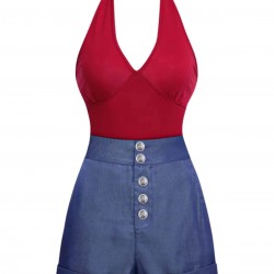 2PCS Red  Bodysuit & Denim Blue Buttons Shorts