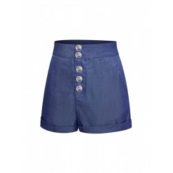 Denim Blue  Solid Buttons Shorts