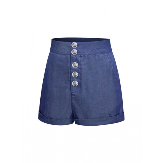 Denim Blue  Solid Buttons Shorts