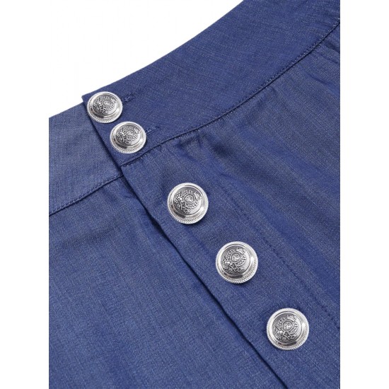 Denim Blue  Solid Buttons Shorts